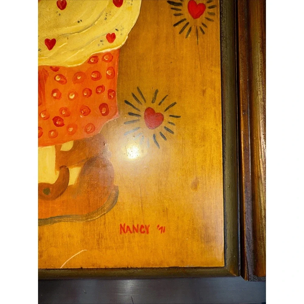 Vtg 1971 Folk Art Little Girls Wooden Wall Art Adorable Kitsch #2525